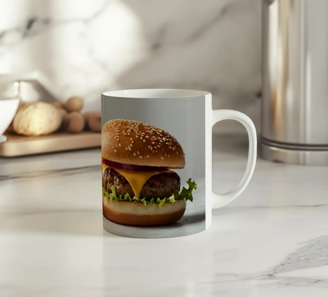 Delizioso cheeseburger e semplice hamburger su un piano di lavoro tazza in ceramica da DesignDoodle