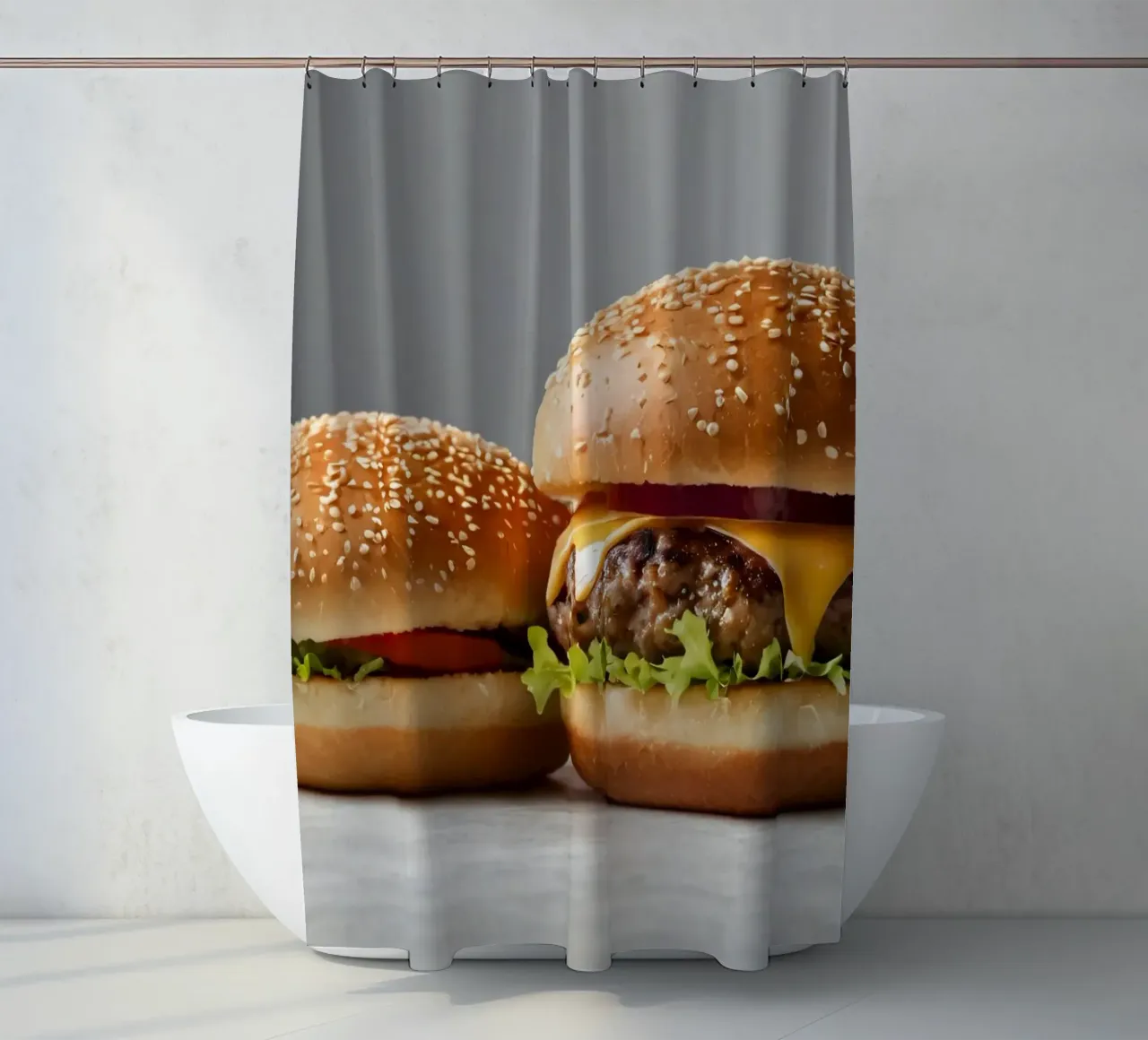 Leckerer Cheeseburger und einfacher Hamburger auf einer Arbeitsplatte Duschvorhang von DesignDoodle