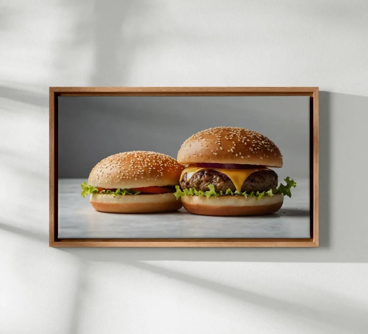 Delicious cheeseburger and simple hamburger on a countertop canvas by DesignDoodle