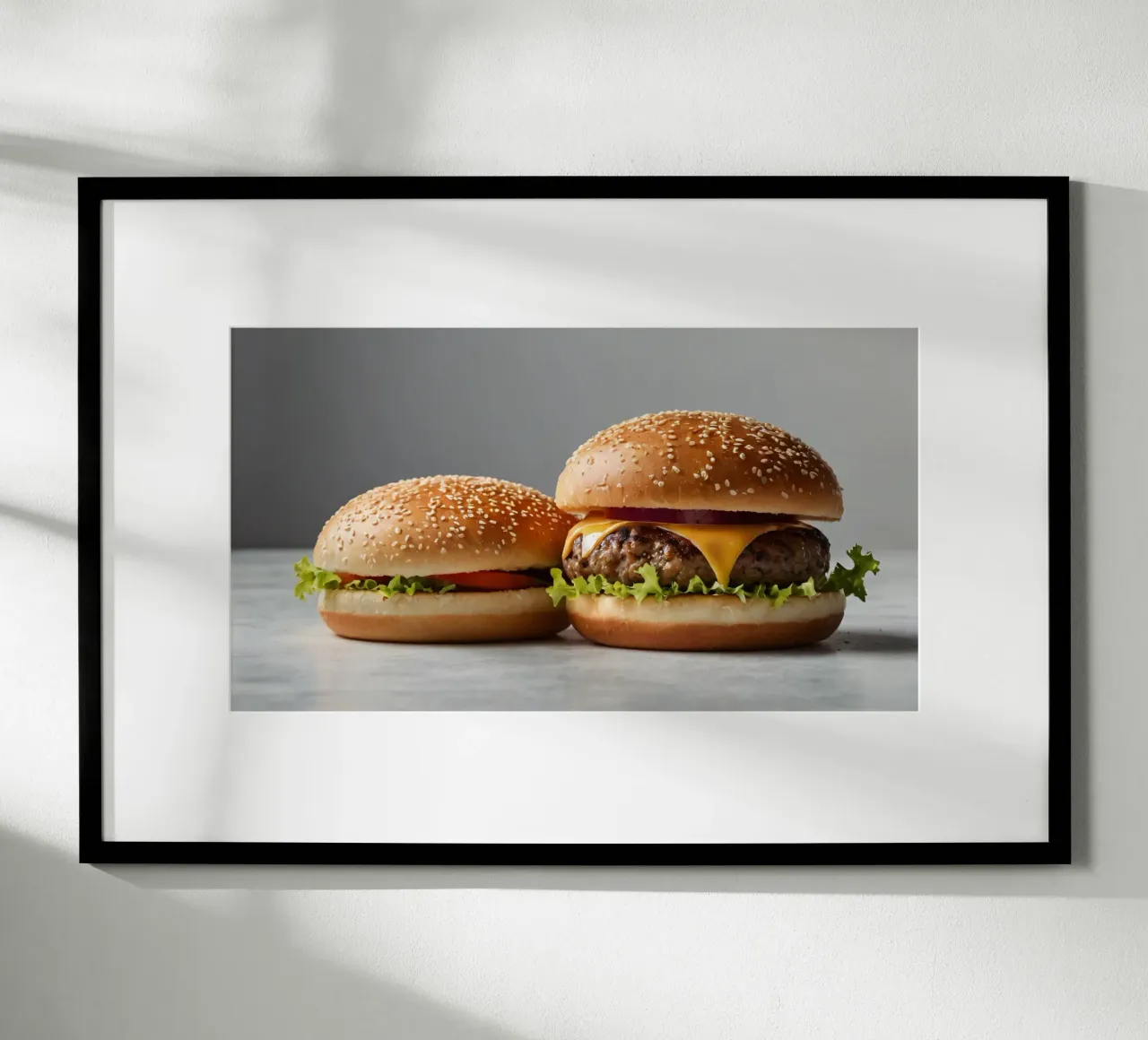 Delicious cheeseburger and simple hamburger on a countertop hahnemühle by DesignDoodle