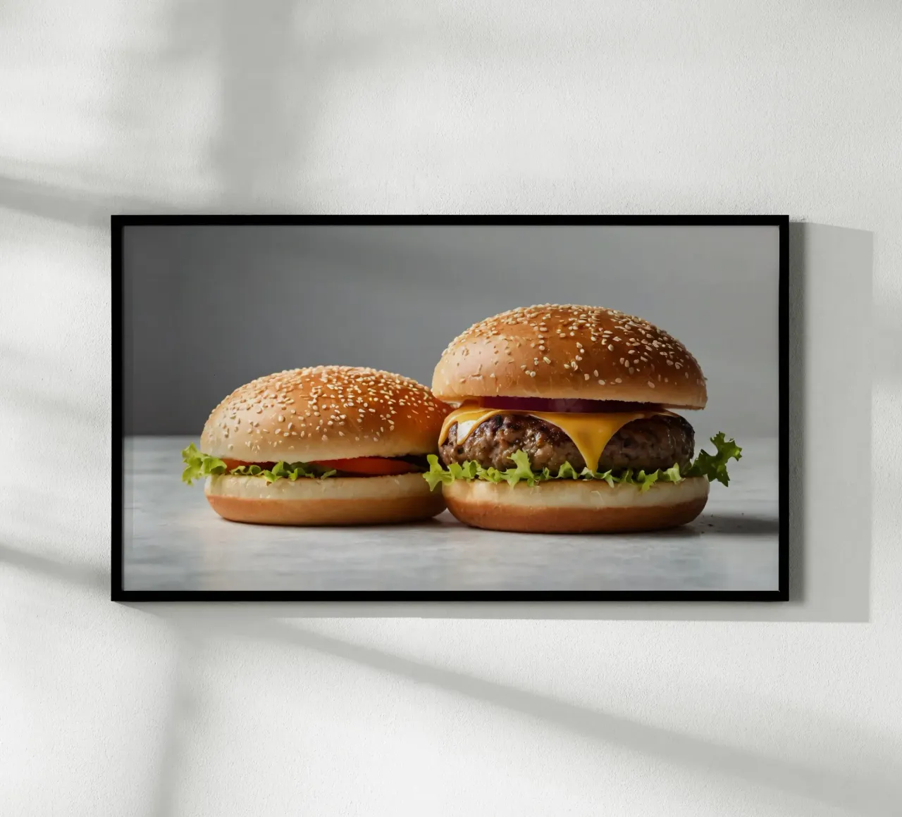 Delicious cheeseburger and simple hamburger on a countertop hahnemühle by DesignDoodle