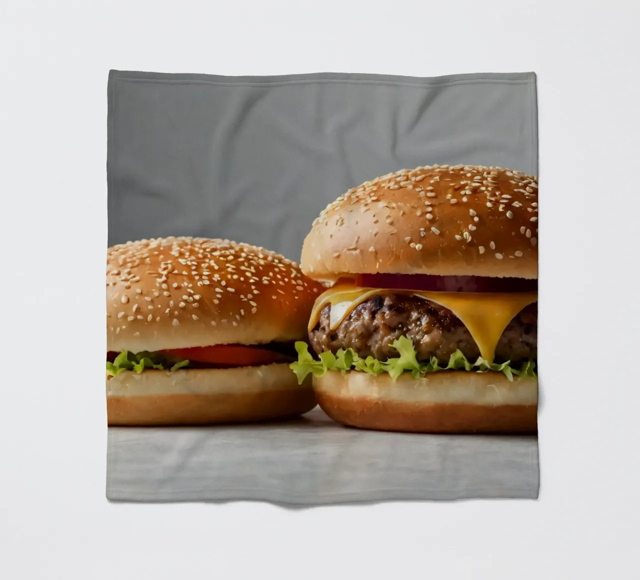 Delicious cheeseburger and simple hamburger on a countertop fleece blanket by DesignDoodle