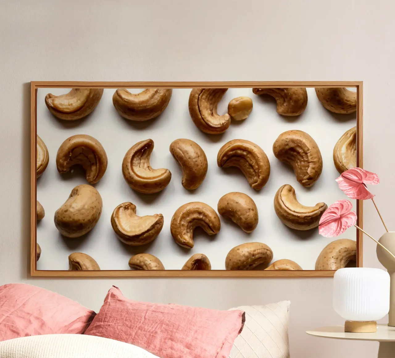 Raw cashew nuts arranged on a white surface for healthy snac forex plate by DesignDoodle