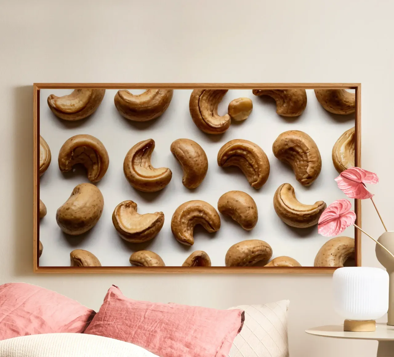 Raw cashew nuts arranged on a white surface for healthy snac canvas by DesignDoodle
