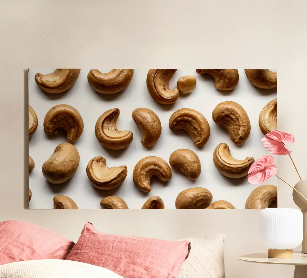 Raw cashew nuts arranged on a white surface for healthy snac canvas by DesignDoodle
