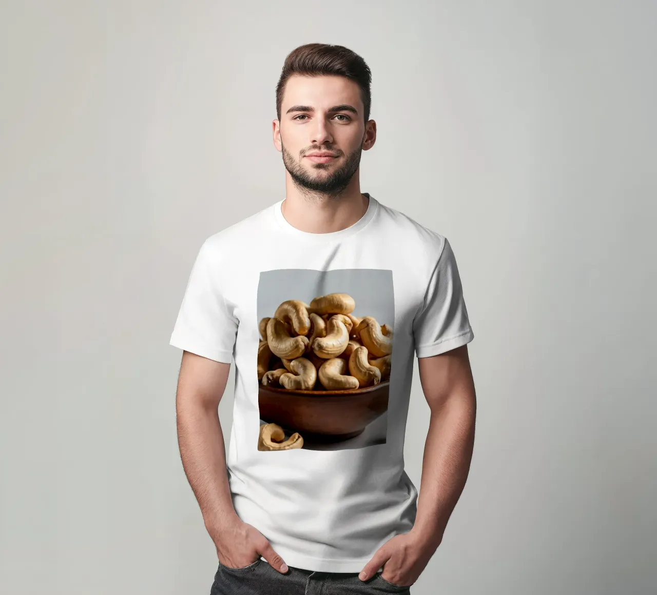 Raw cashew nuts arranged on a white surface for healthy snac t-shirt by DesignDoodle