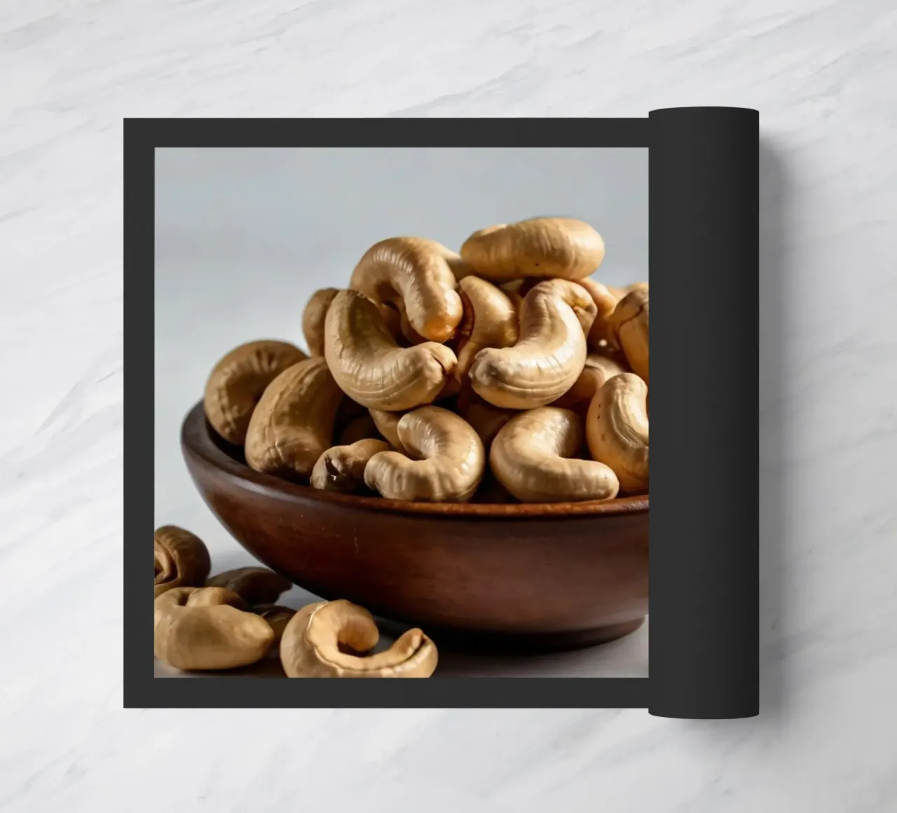Anacardi crudi disposti su una superficie bianca per uno spuntino sano zerbino da DesignDoodle