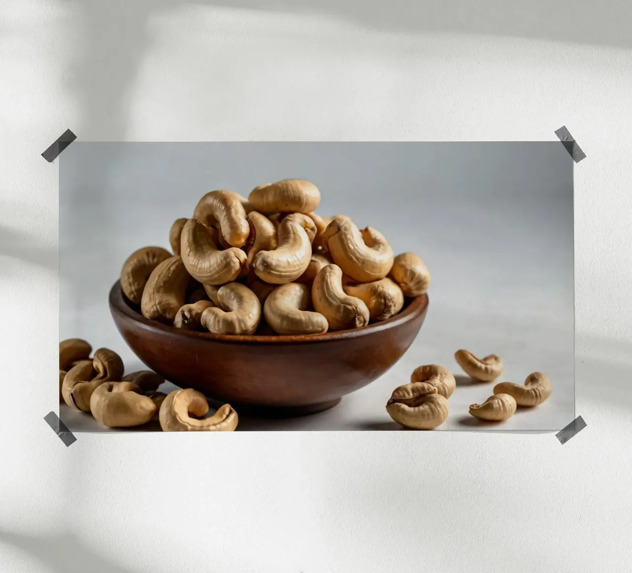 Raw cashew nuts arranged on a white surface for healthy snac hahnemühle by DesignDoodle