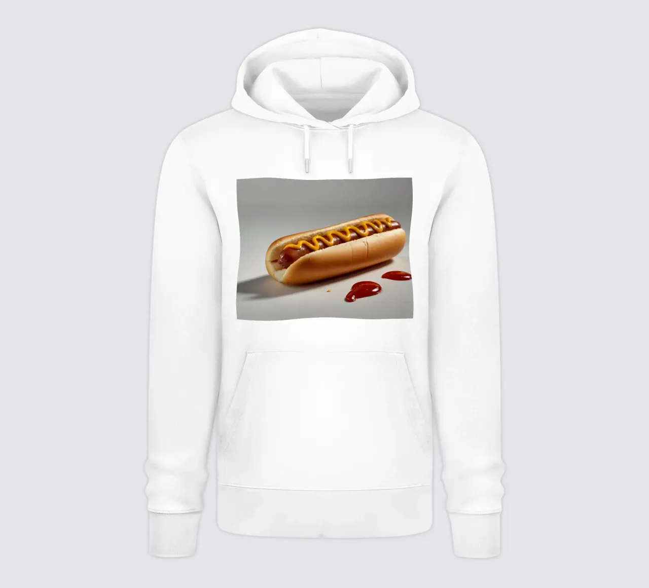 Un classico hot dog con senape e ketchup posto su un piatto neutro. felpa con cappuccio da DesignDoodle