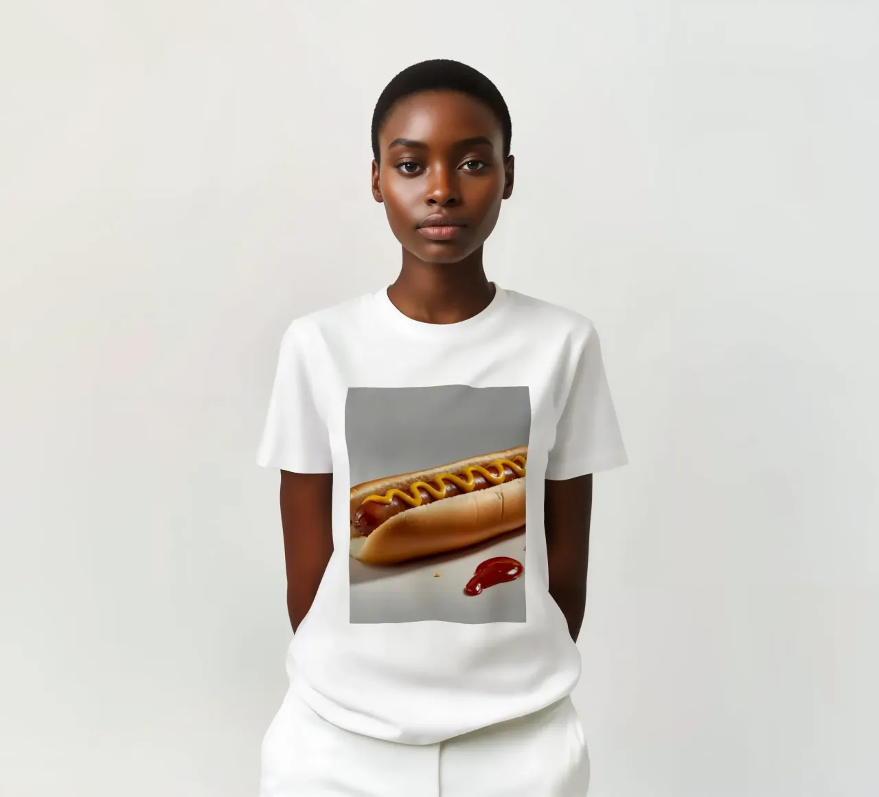 Un classico hot dog con senape e ketchup posto su un piatto neutro. t-shirt da DesignDoodle