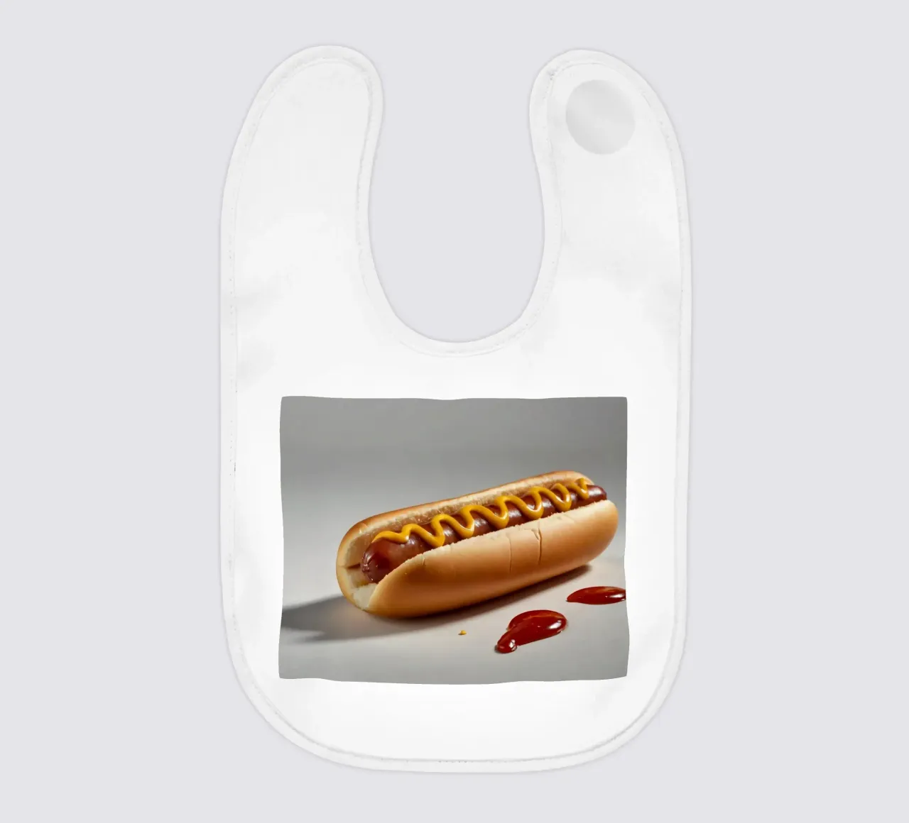 Un classico hot dog con senape e ketchup posto su un piatto neutro. bavaglino da DesignDoodle