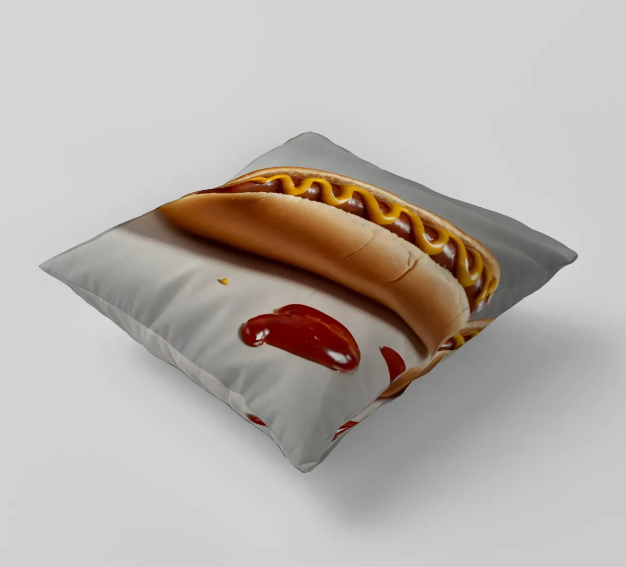 Un classico hot dog con senape e ketchup posto su un piatto neutro. cuscino da DesignDoodle