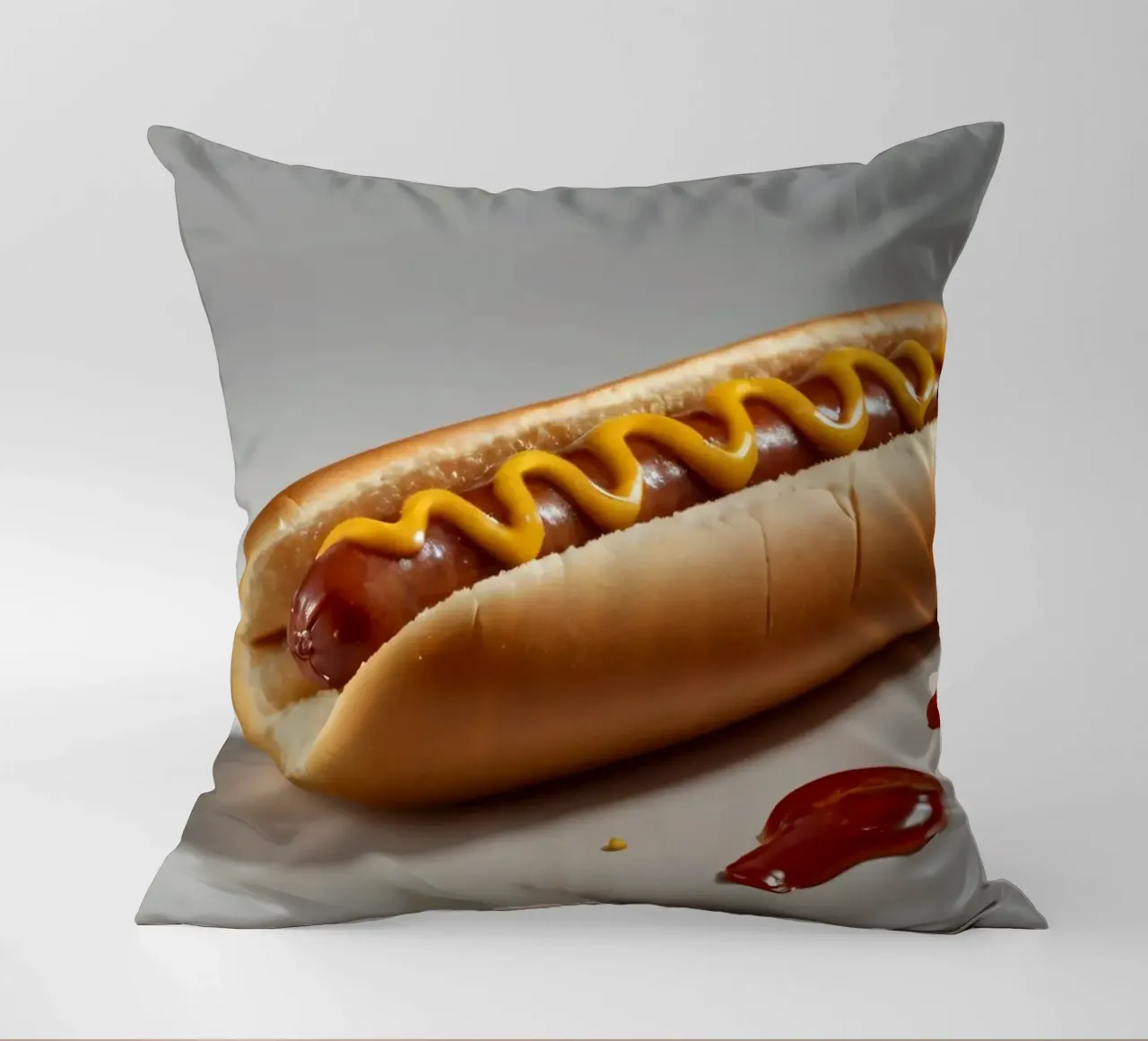 Un classico hot dog con senape e ketchup posto su un piatto neutro. cuscino da DesignDoodle