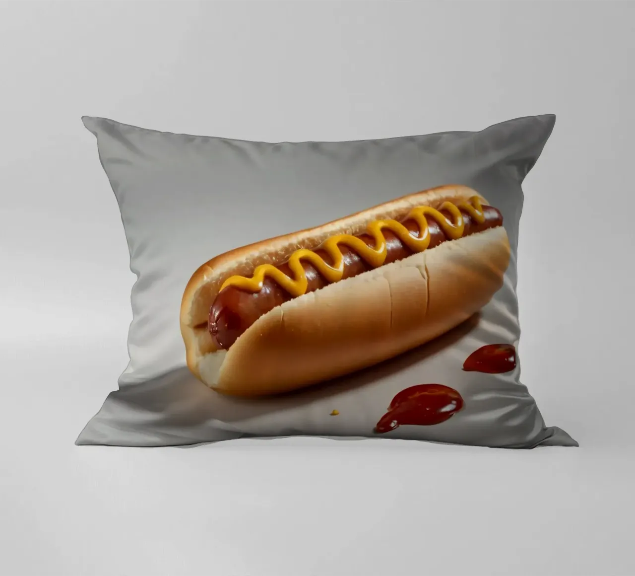Un classico hot dog con senape e ketchup posto su un piatto neutro. cuscino da DesignDoodle