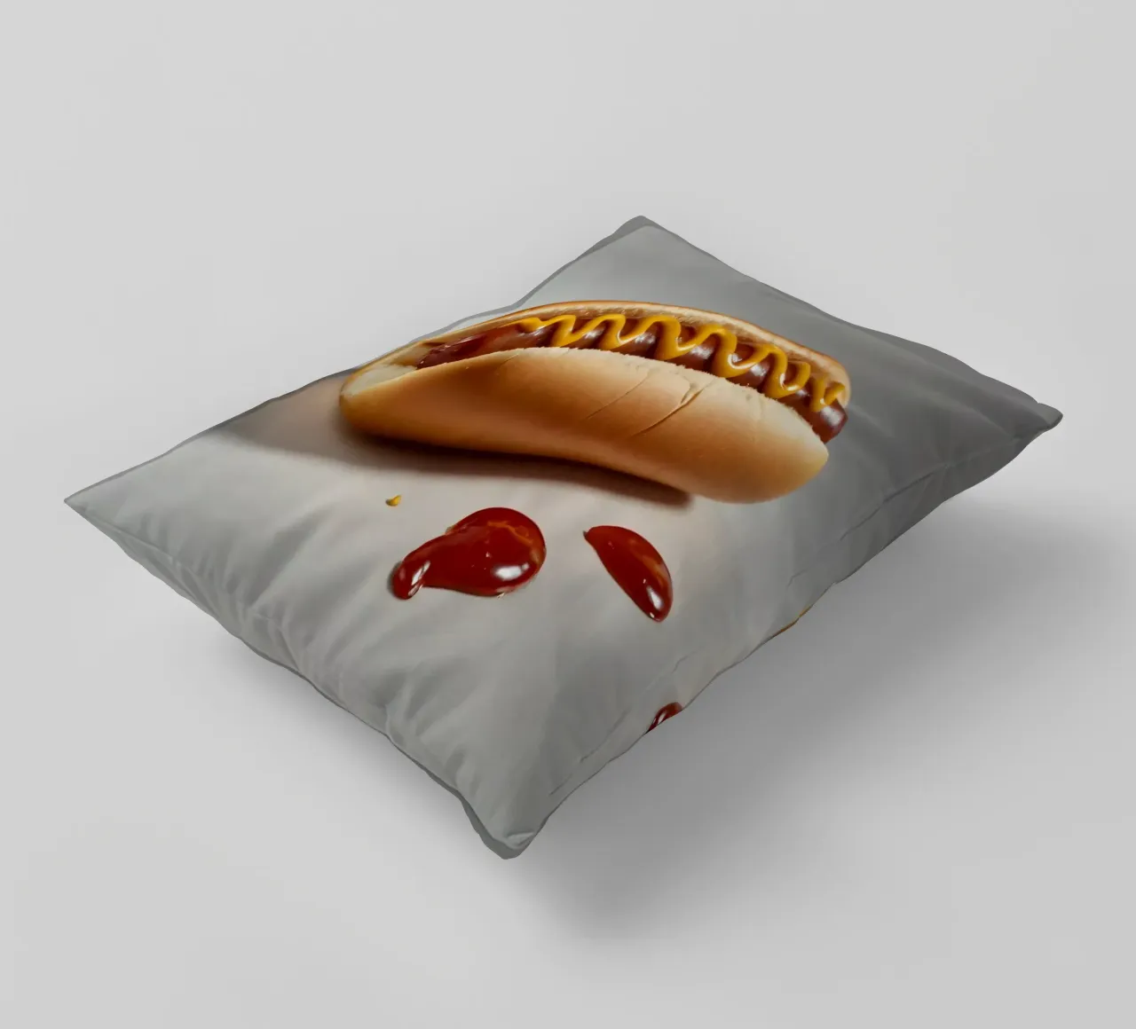 Un classico hot dog con senape e ketchup posto su un piatto neutro. cuscino da DesignDoodle