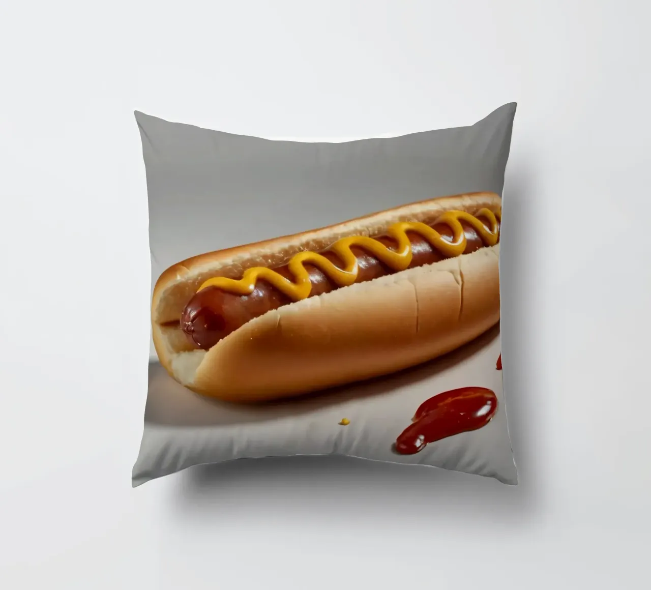 Un classico hot dog con senape e ketchup posto su un piatto neutro. cuscino da DesignDoodle