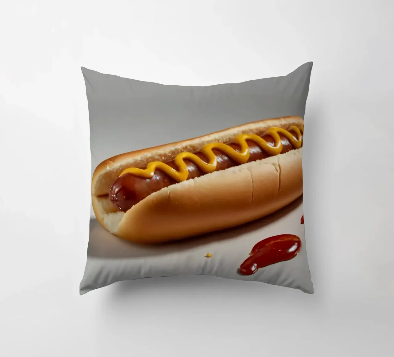 Un classico hot dog con senape e ketchup posto su un piatto neutro. cuscino da DesignDoodle