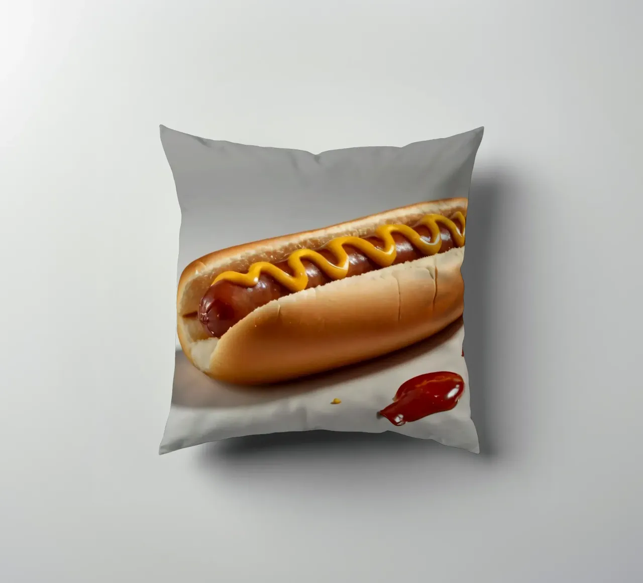 Un classico hot dog con senape e ketchup posto su un piatto neutro. cuscino da DesignDoodle
