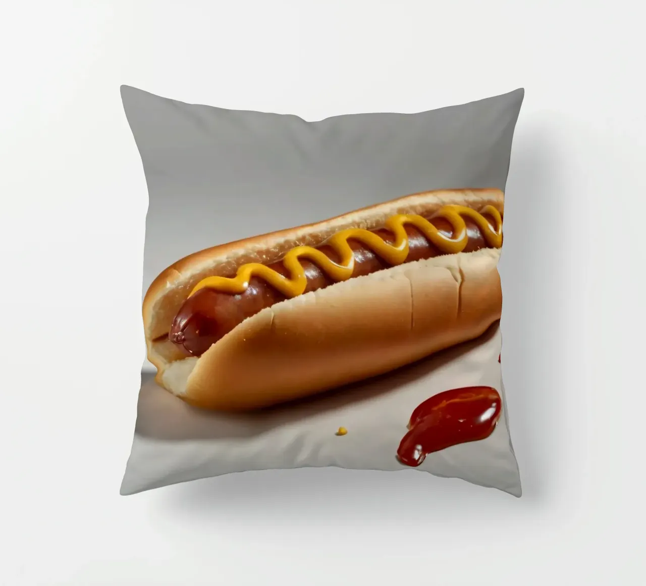 Un classico hot dog con senape e ketchup posto su un piatto neutro. cuscino da DesignDoodle