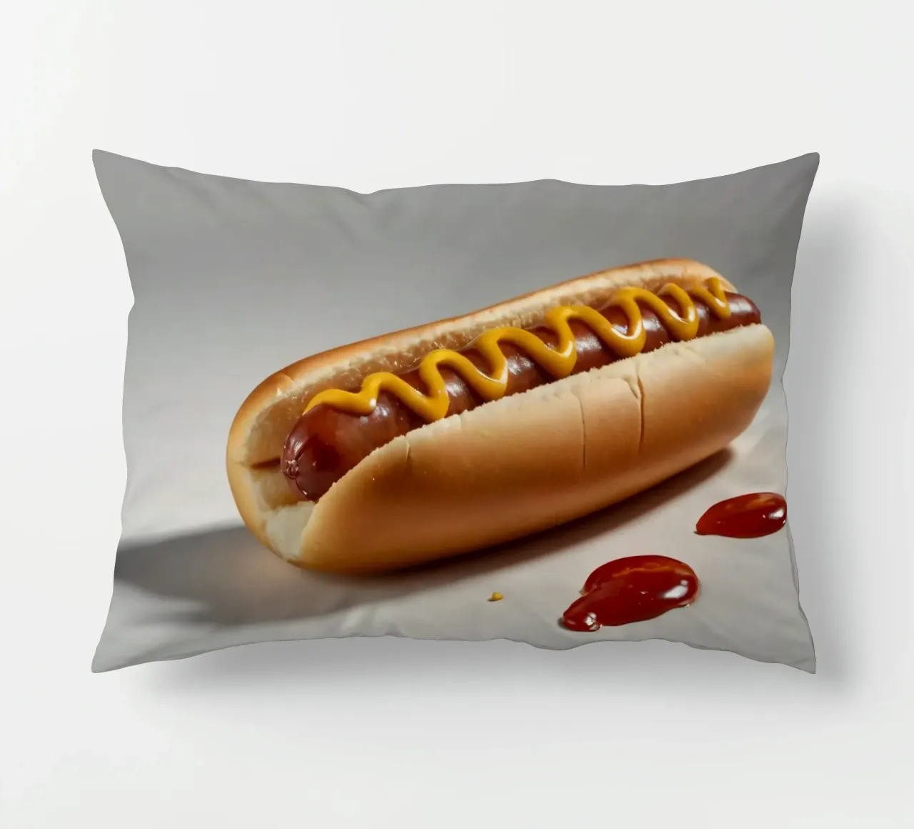 Un classico hot dog con senape e ketchup posto su un piatto neutro. cuscino da DesignDoodle