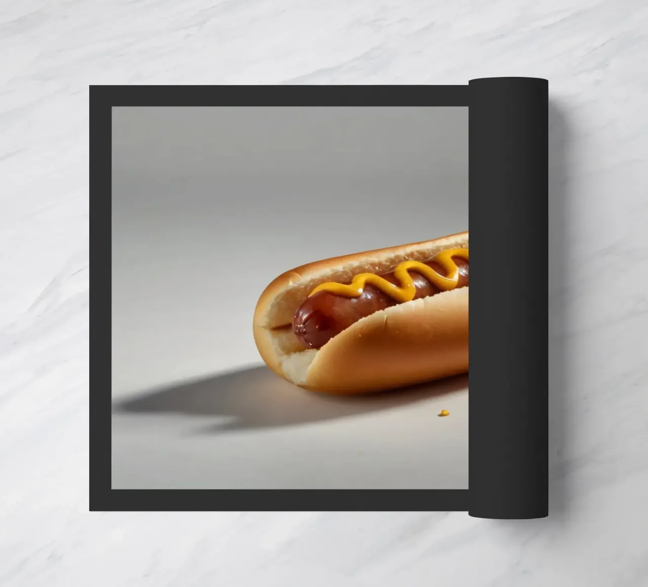 Un classico hot dog con senape e ketchup posto su un piatto neutro. zerbino da DesignDoodle