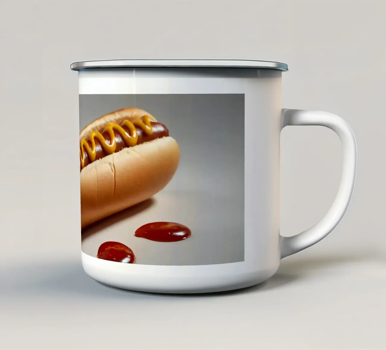 Un classico hot dog con senape e ketchup posto su un piatto neutro. tazza in smalto da DesignDoodle