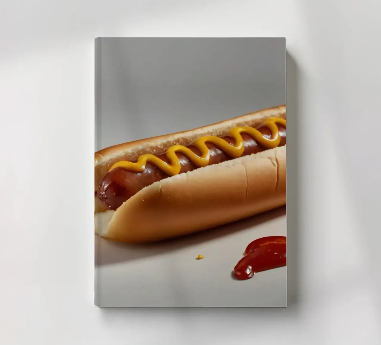 A classic hot dog with mustard and ketchup placed on a neutr notebook by DesignDoodle