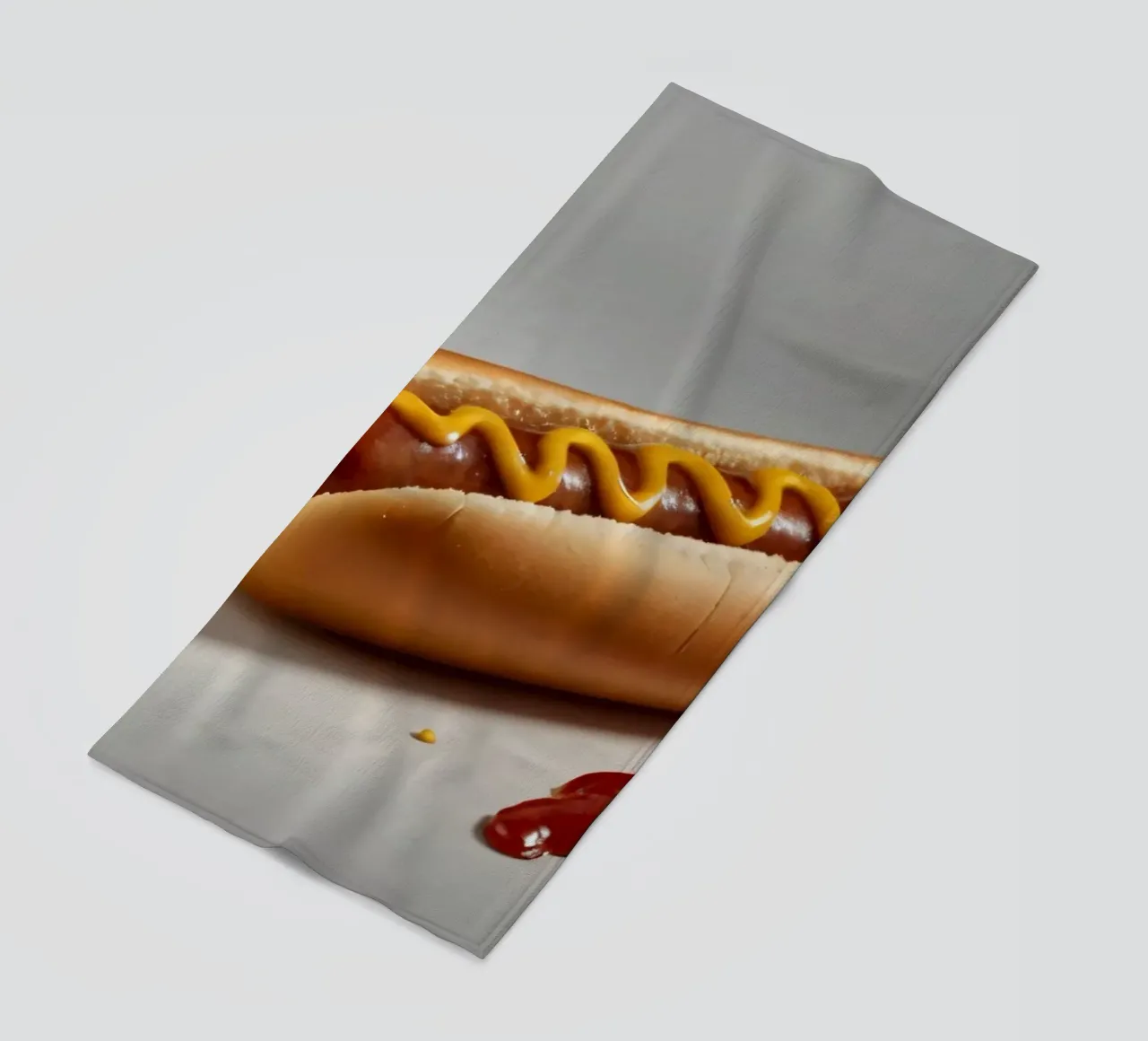 Un classico hot dog con senape e ketchup posto su un piatto neutro. telo mare da DesignDoodle