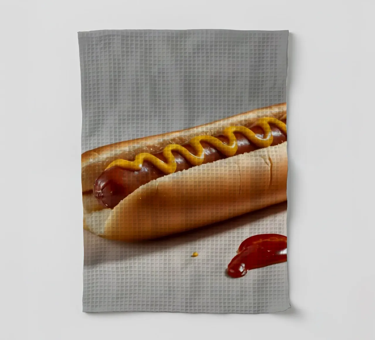Un classico hot dog con senape e ketchup posto su un piatto neutro. canovaccio da cucina da DesignDoodle