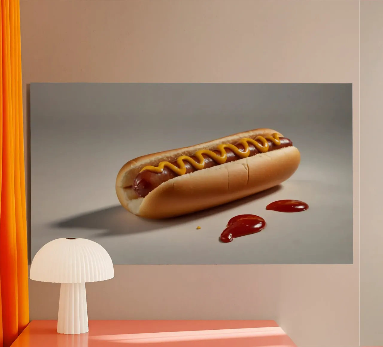 Un classico hot dog con senape e ketchup posto su un piatto neutro. alluminio dibond da DesignDoodle