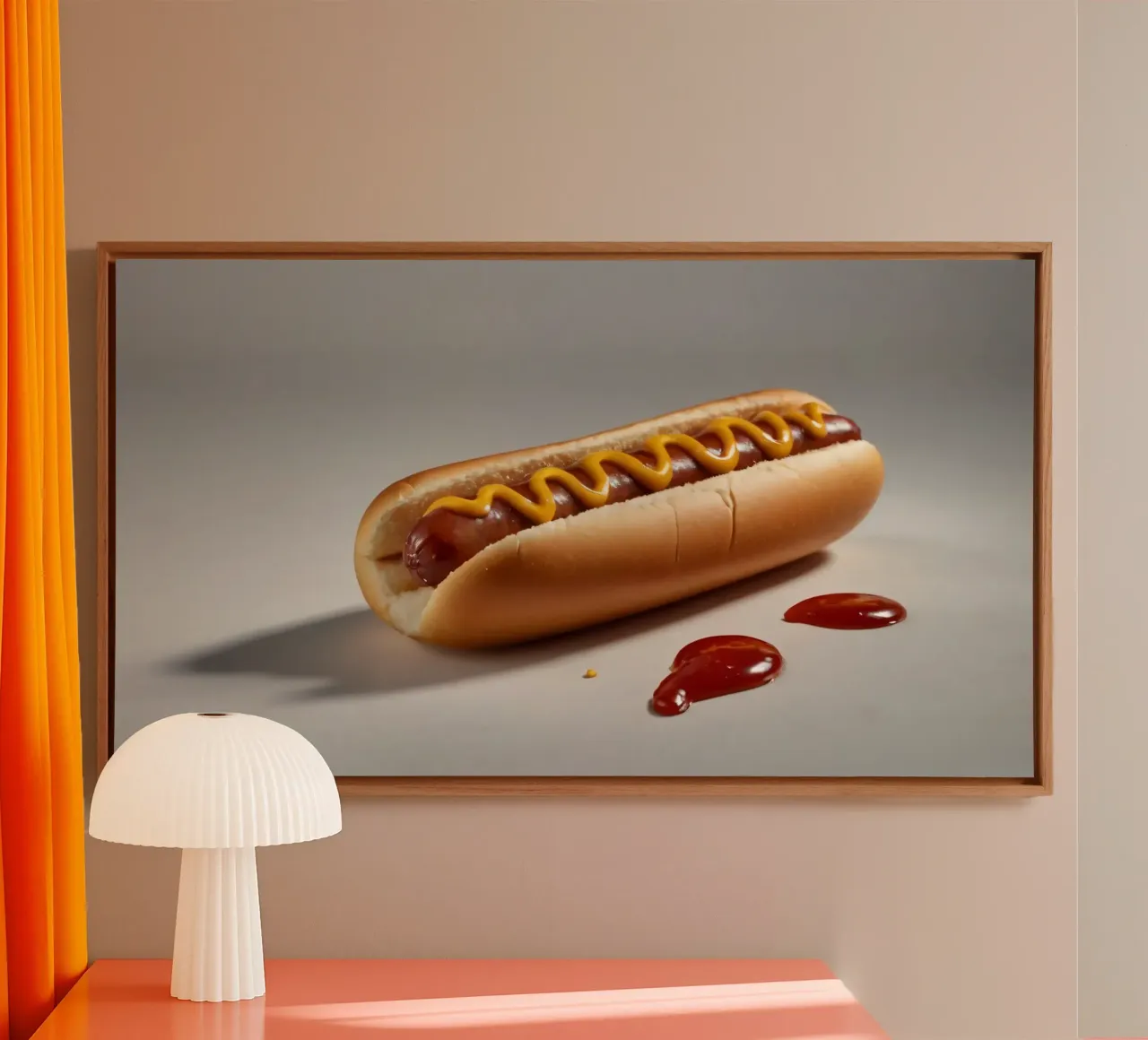 Un classico hot dog con senape e ketchup posto su un piatto neutro. tela con Cornice a cassetta da DesignDoodle