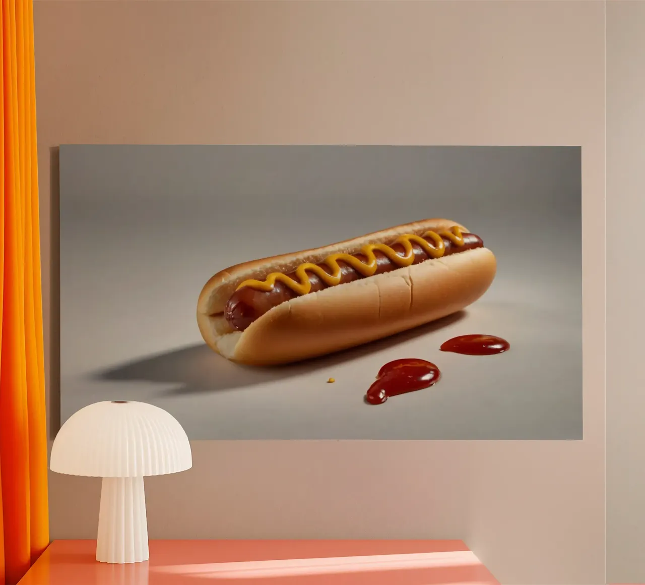 Un classico hot dog con senape e ketchup posto su un piatto neutro. tela con Cornice a cassetta da DesignDoodle