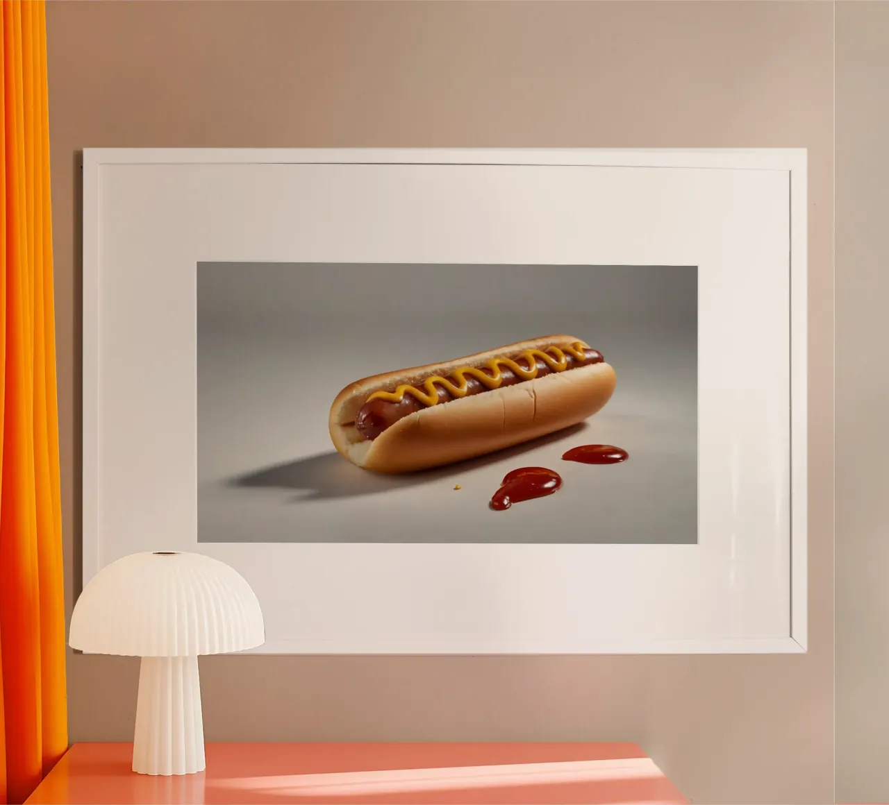 Un classico hot dog con senape e ketchup posto su un piatto neutro. carta hahnemühle da DesignDoodle