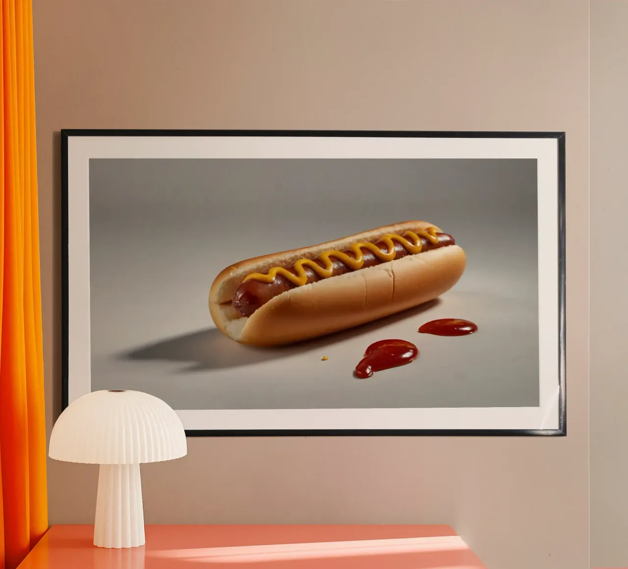 Un classico hot dog con senape e ketchup posto su un piatto neutro. carta hahnemühle da DesignDoodle