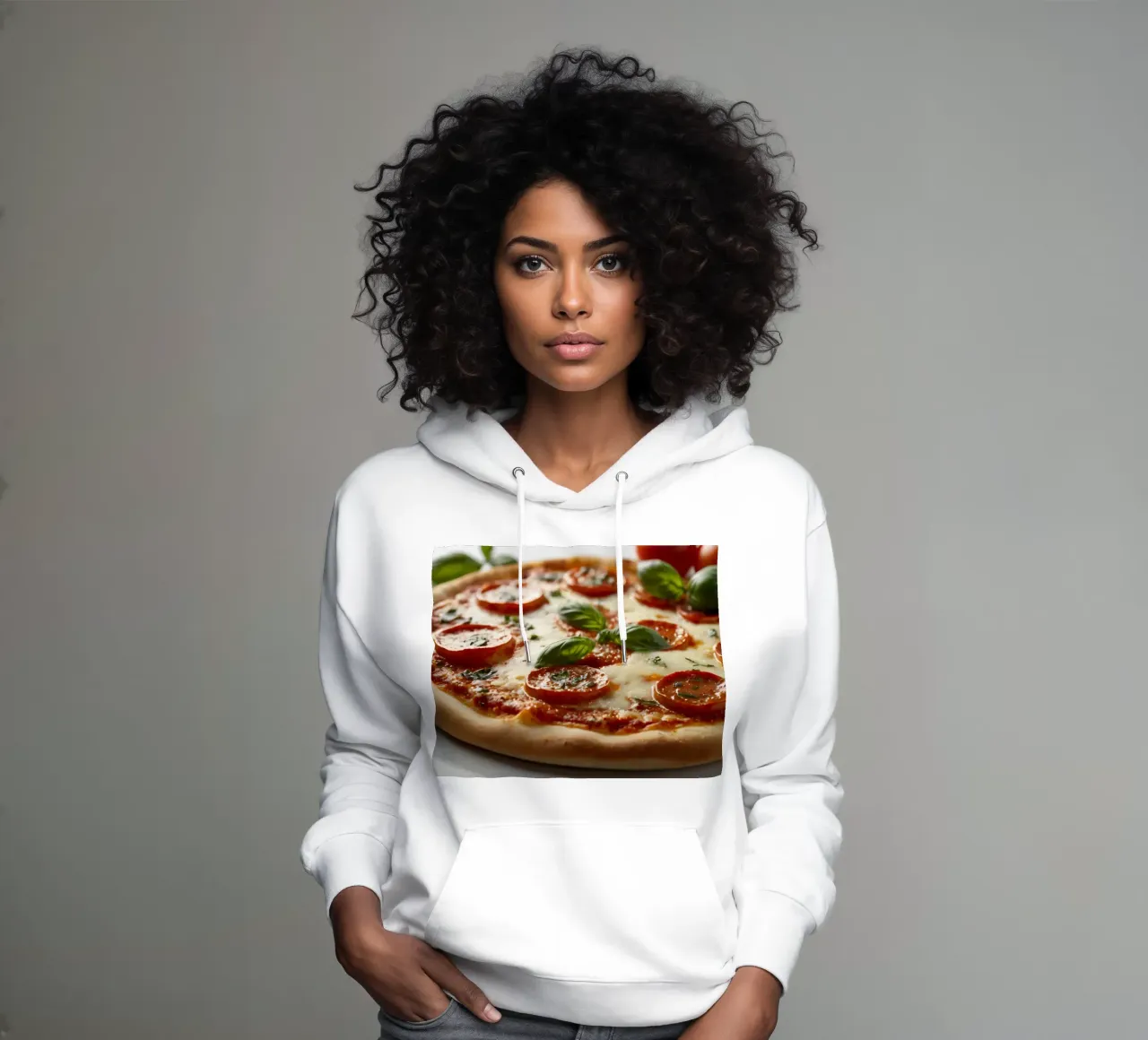 Deliziosa pizza al salame piccante guarnita con basilico fresco e tom tom. felpa con cappuccio da DesignDoodle