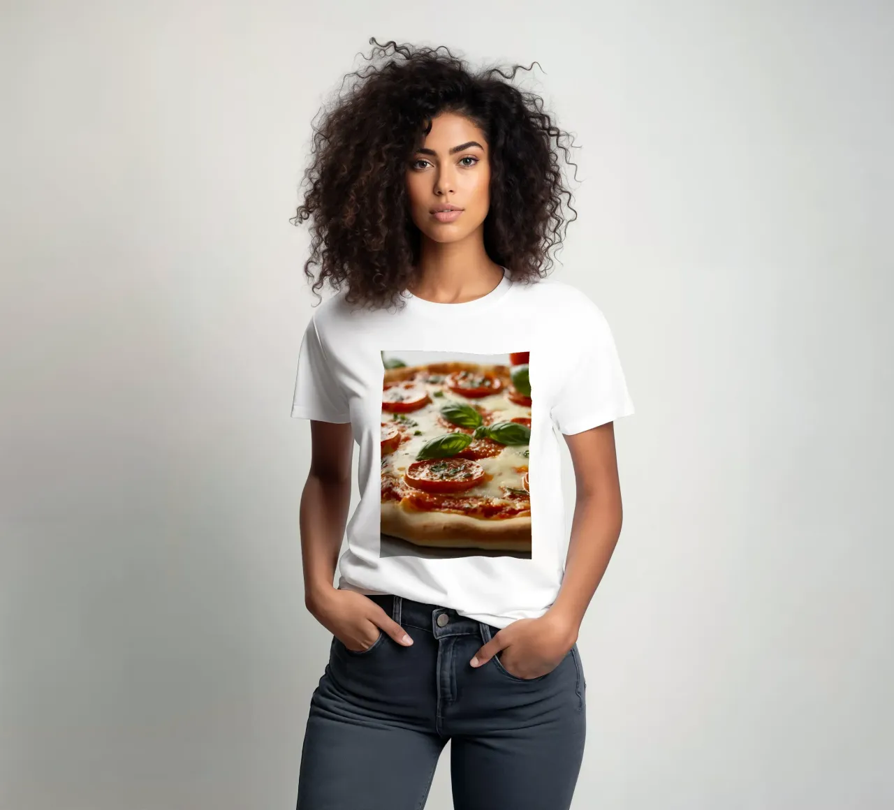 Deliziosa pizza al salame piccante guarnita con basilico fresco e tom tom. t-shirt da DesignDoodle