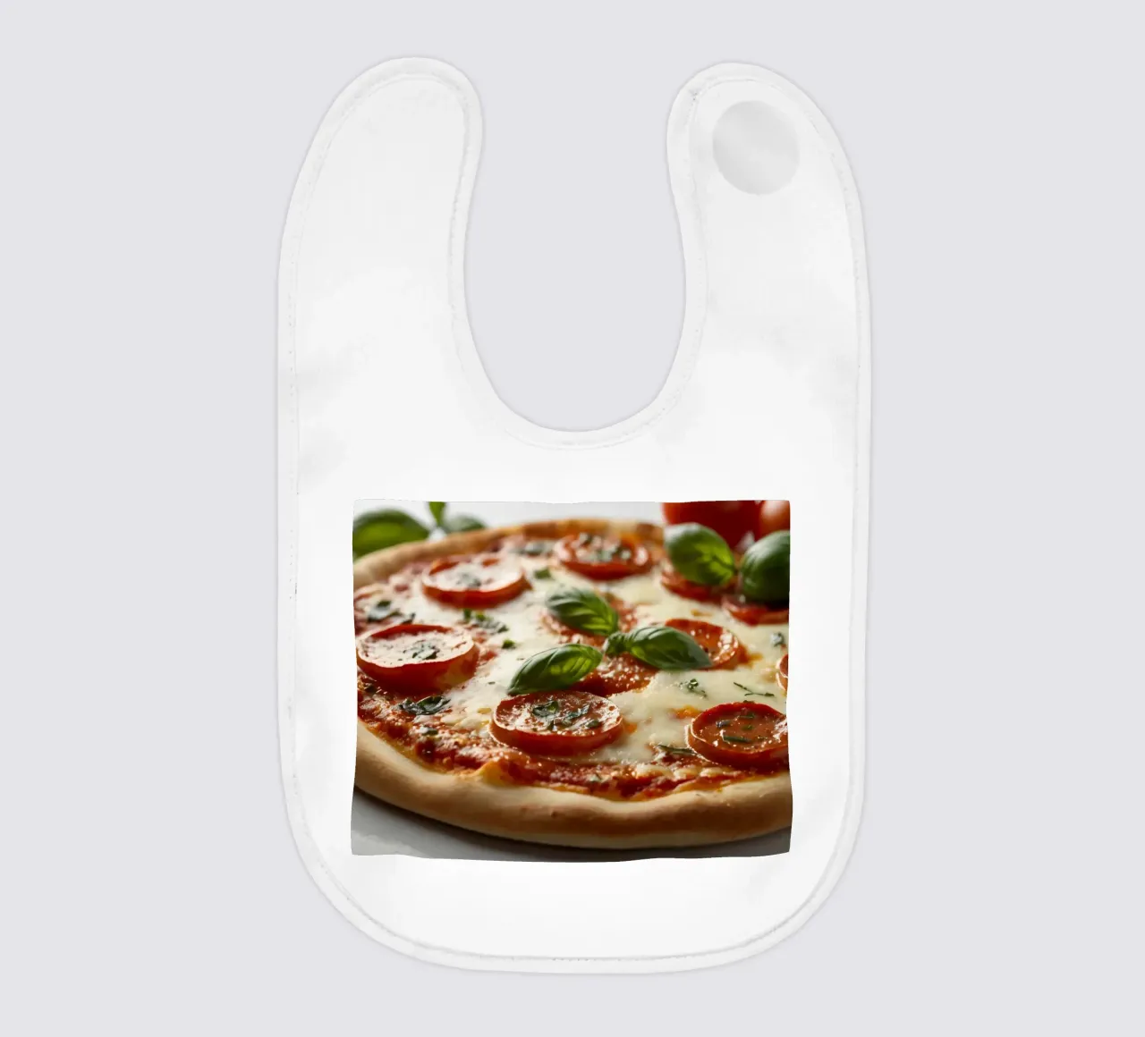 Deliziosa pizza al salame piccante guarnita con basilico fresco e tom tom. bavaglino da DesignDoodle