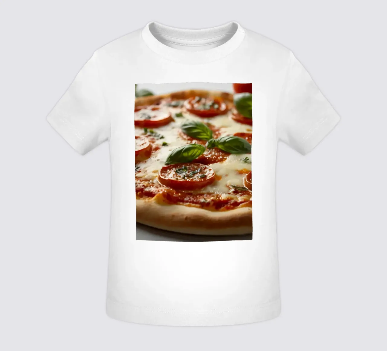 Deliziosa pizza al salame piccante guarnita con basilico fresco e tom tom. maglietta neonato da DesignDoodle