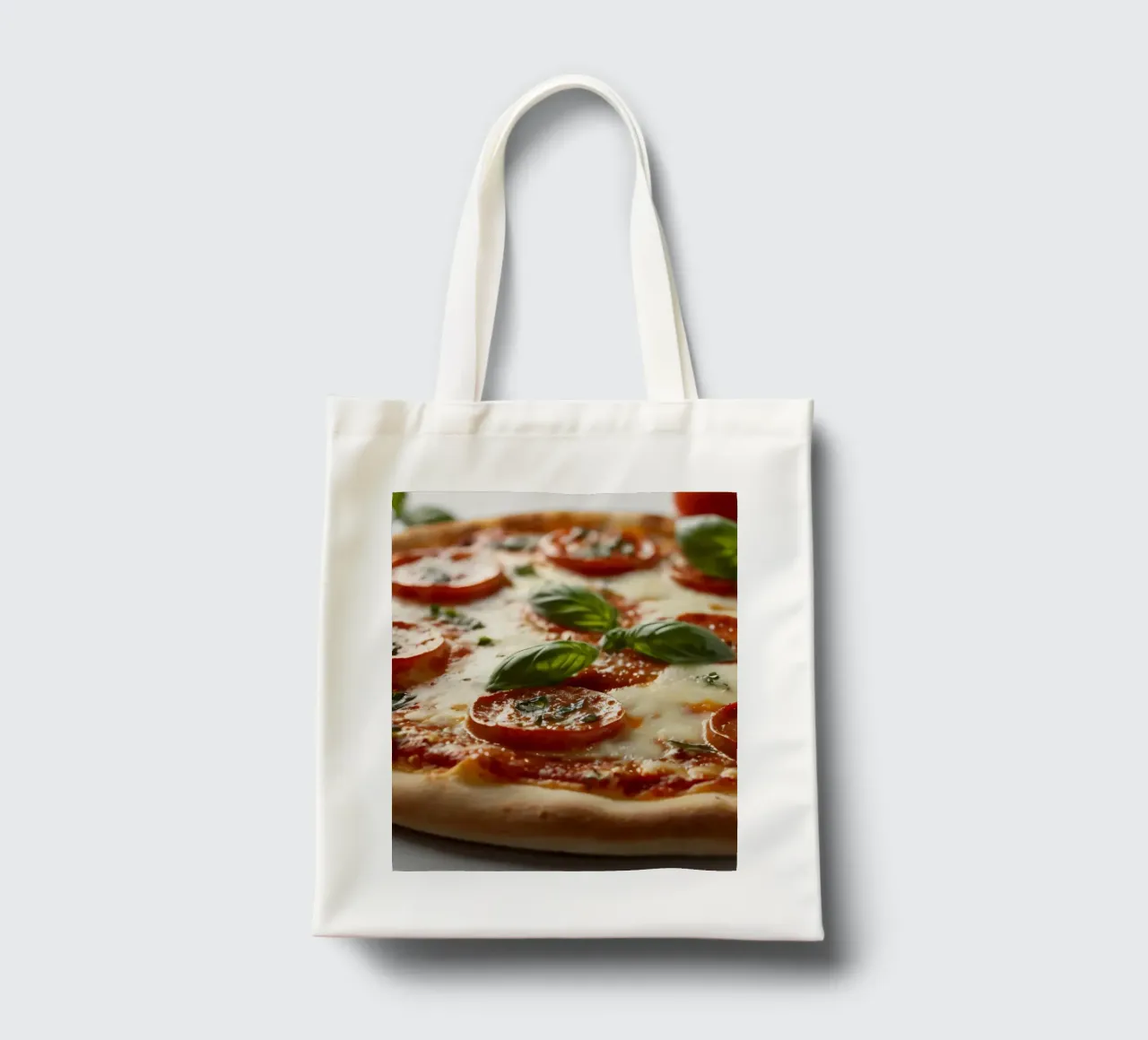 Deliziosa pizza al salame piccante guarnita con basilico fresco e tom tom. borsa in juta da DesignDoodle
