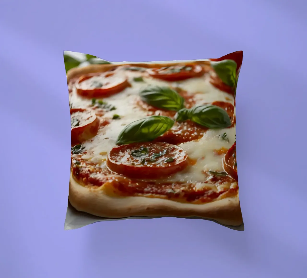 Deliziosa pizza al salame piccante guarnita con basilico fresco e tom tom. cuscino da DesignDoodle