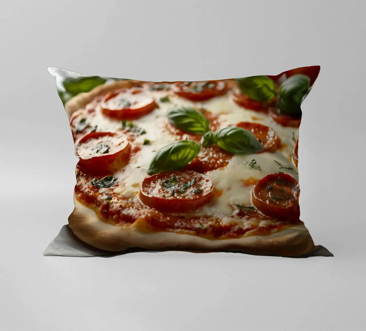 Deliziosa pizza al salame piccante guarnita con basilico fresco e tom tom. cuscino da DesignDoodle