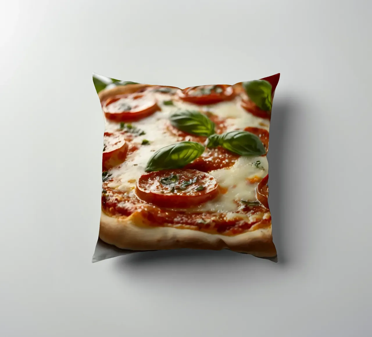 Deliziosa pizza al salame piccante guarnita con basilico fresco e tom tom. cuscino da DesignDoodle
