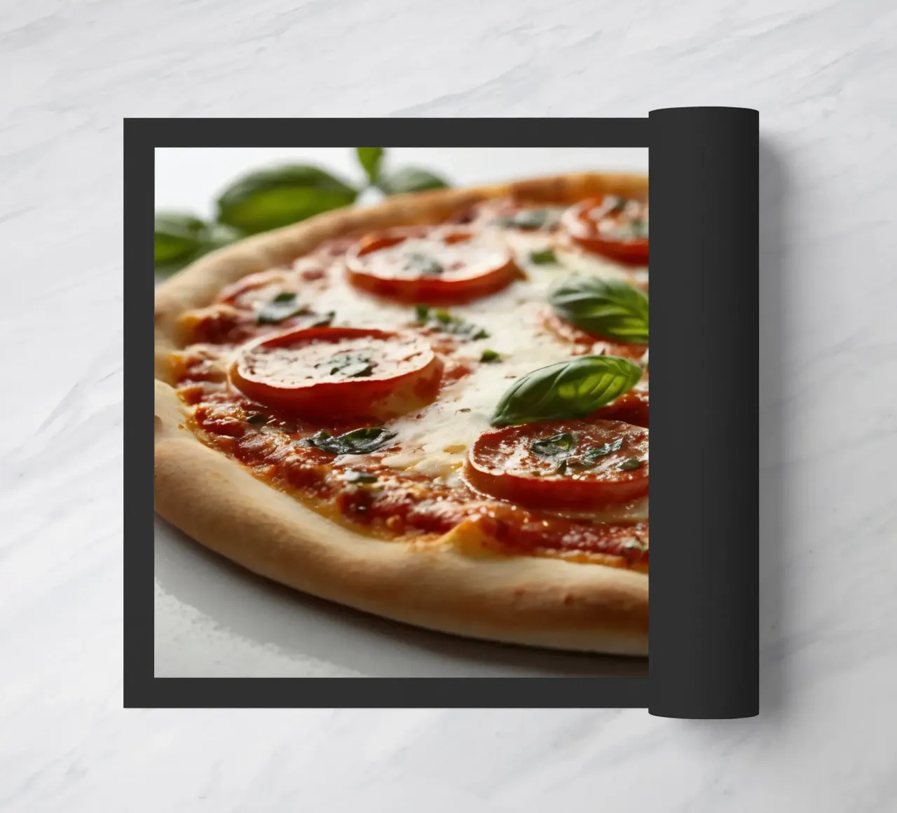 Deliziosa pizza al salame piccante guarnita con basilico fresco e tom tom. zerbino da DesignDoodle