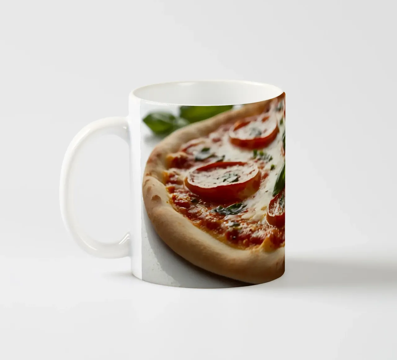 Deliziosa pizza al salame piccante guarnita con basilico fresco e tom tom. tazza in ceramica da DesignDoodle