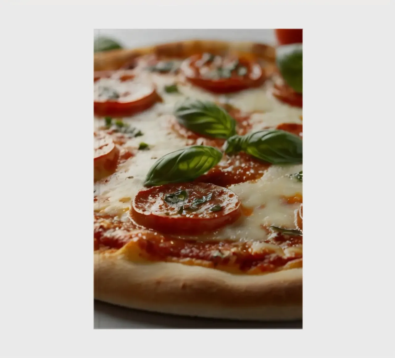 Deliziosa pizza al salame piccante guarnita con basilico fresco e tom tom. diario da DesignDoodle