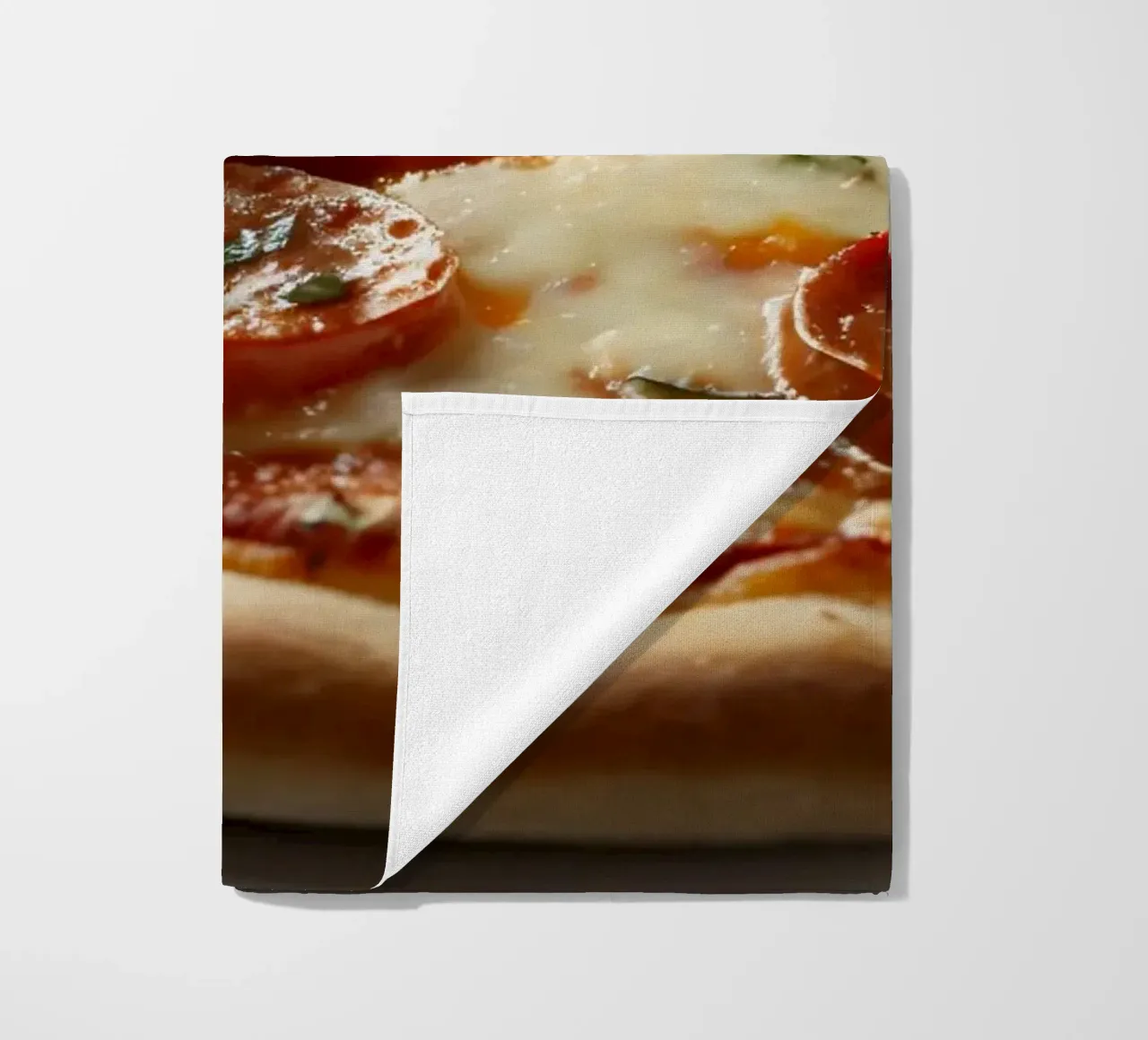 Deliziosa pizza al salame piccante guarnita con basilico fresco e tom tom. telo mare da DesignDoodle