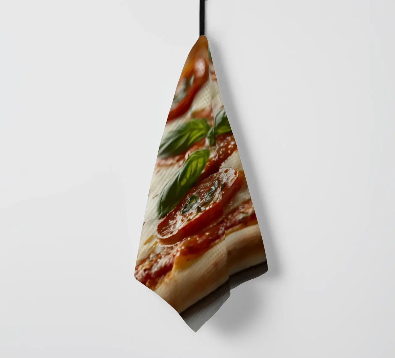 Deliziosa pizza al salame piccante guarnita con basilico fresco e tom tom. canovaccio da cucina da DesignDoodle