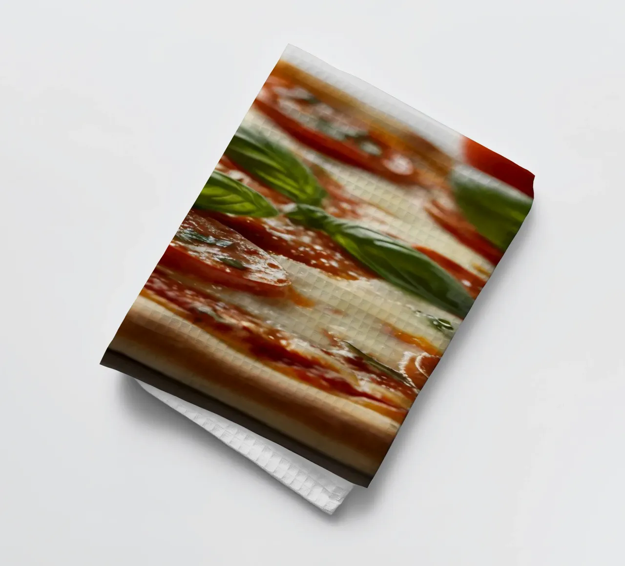 Deliziosa pizza al salame piccante guarnita con basilico fresco e tom tom. canovaccio da cucina da DesignDoodle