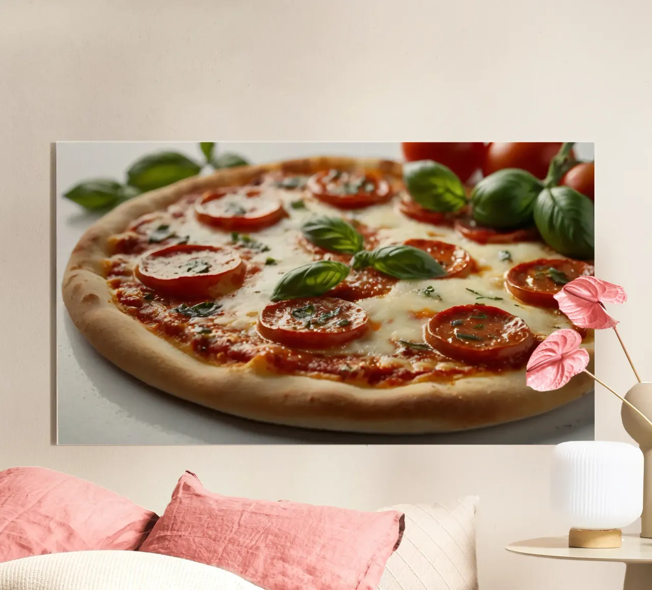 Deliziosa pizza al salame piccante guarnita con basilico fresco e tom tom. plexiglass da DesignDoodle