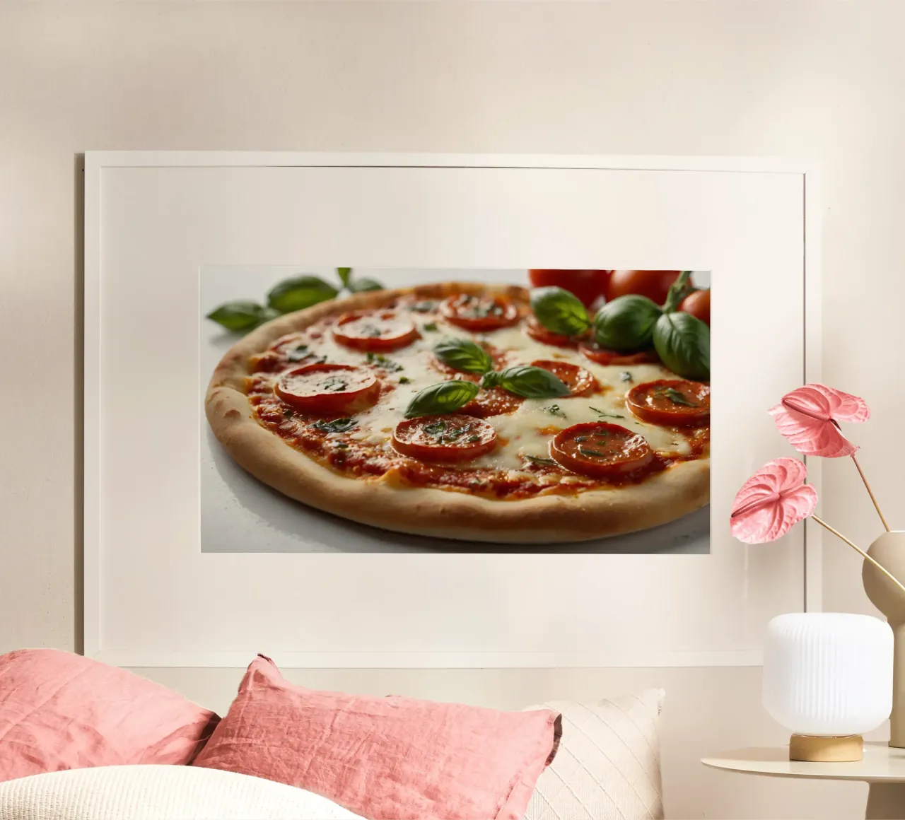 Deliziosa pizza al salame piccante guarnita con basilico fresco e tom tom. poster con telaio in alluminio da DesignDoodle